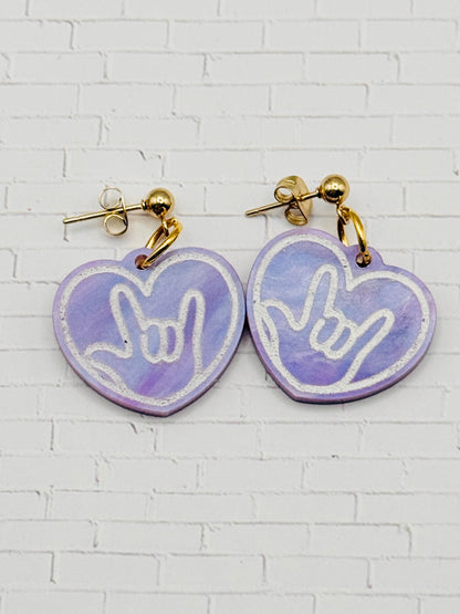 Purple ILY Heart Dangle Earrings