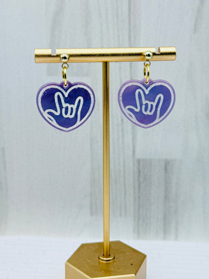Purple ILY Heart Dangle Earrings