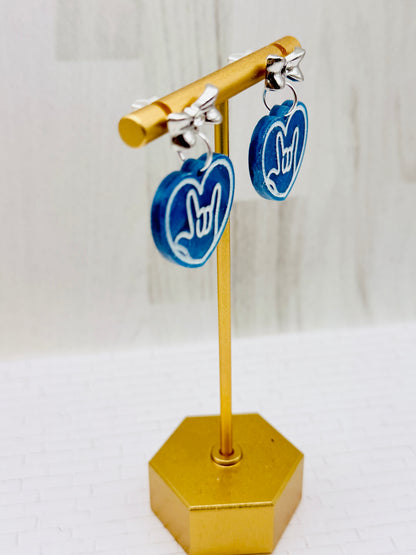 Blue Marble ILY Heart Earrings