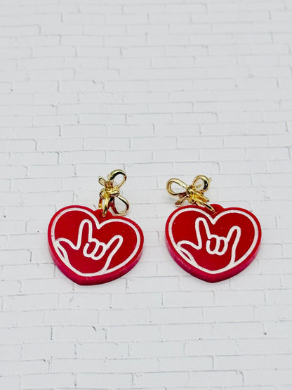Red ILY Heart Acrylic Dangle Earrings