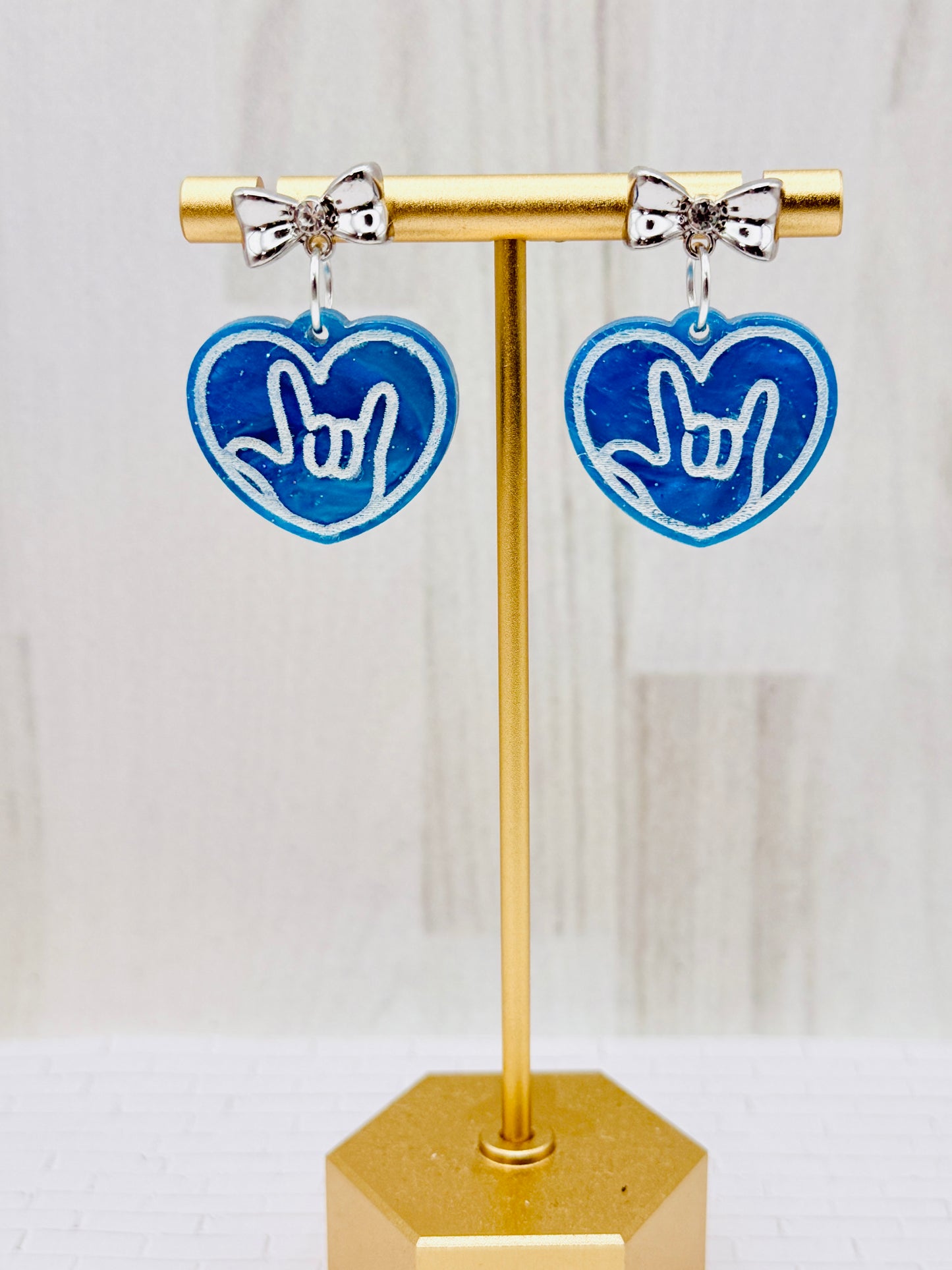 Blue Marble ILY Heart Earrings