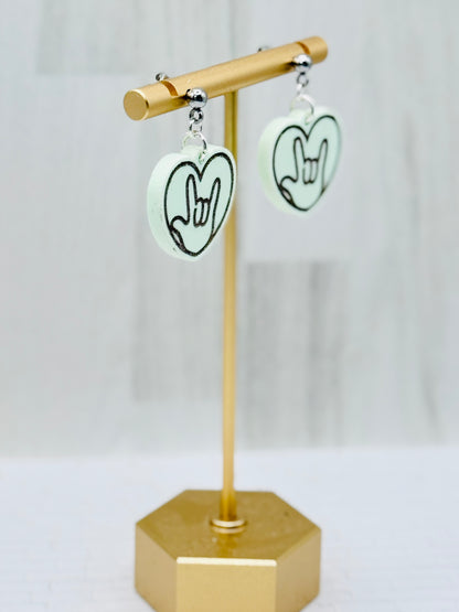 Pastel Green ILY Heart Dangle Earrings