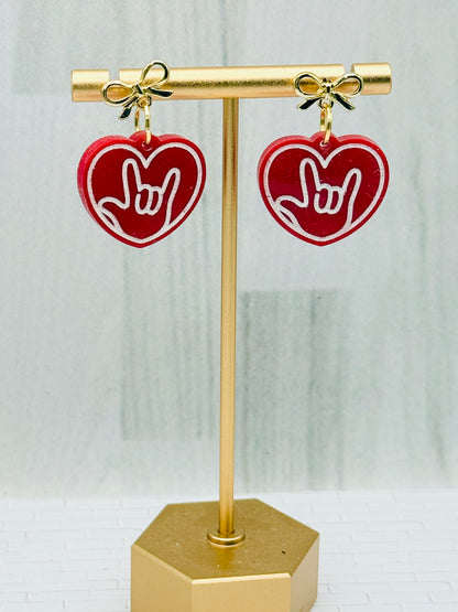 Red ILY Heart Acrylic Dangle Earrings