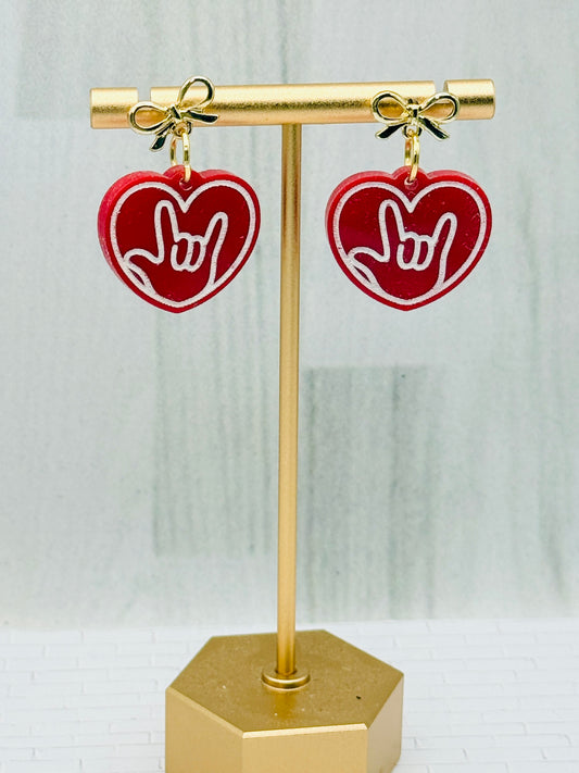 Red ILY Heart Acrylic Dangle Earrings