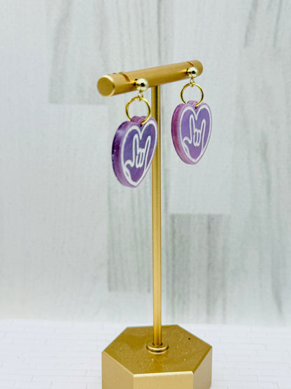 Purple ILY Heart Dangle Earrings