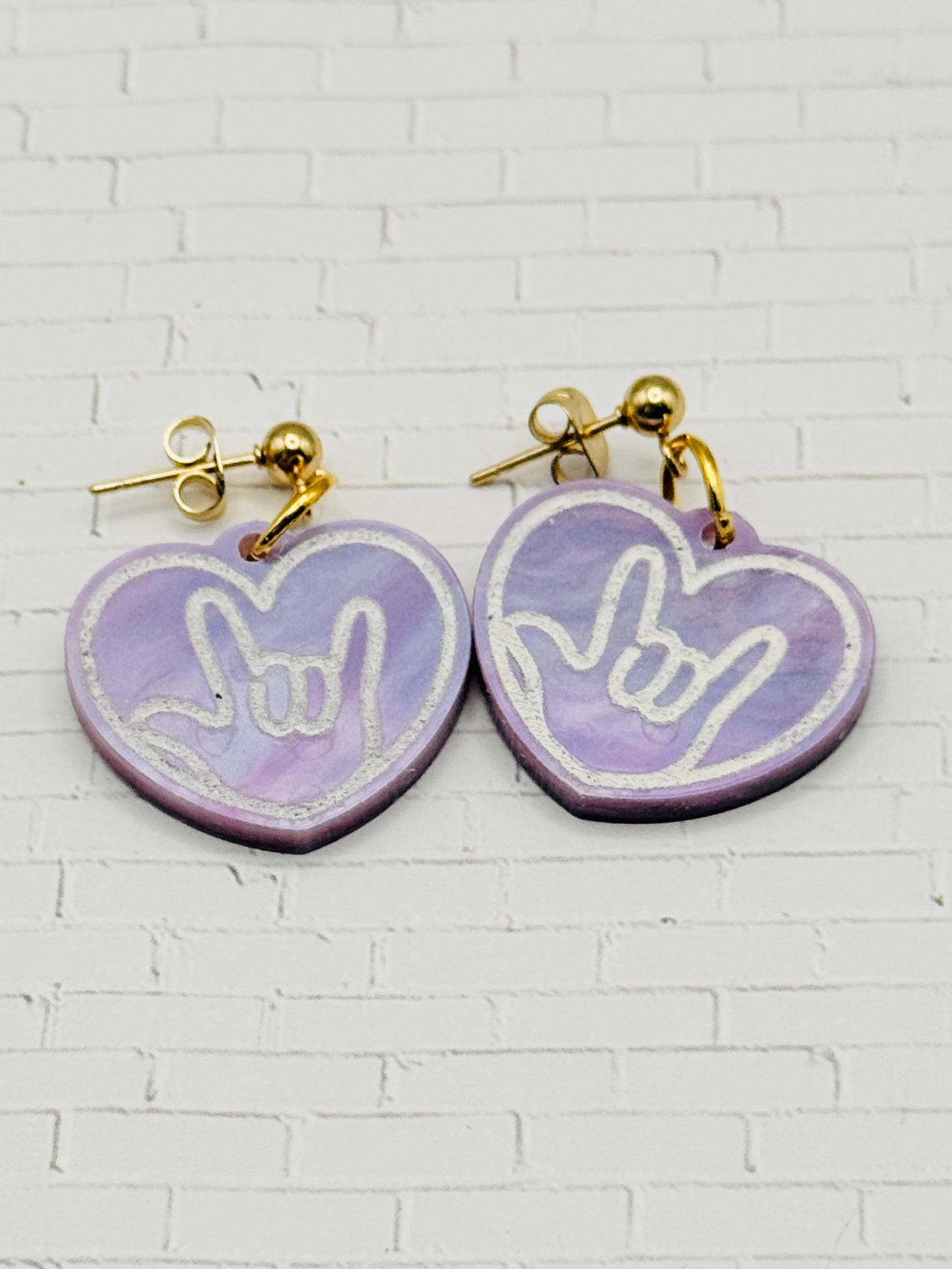 Purple ILY Heart Dangle Earrings