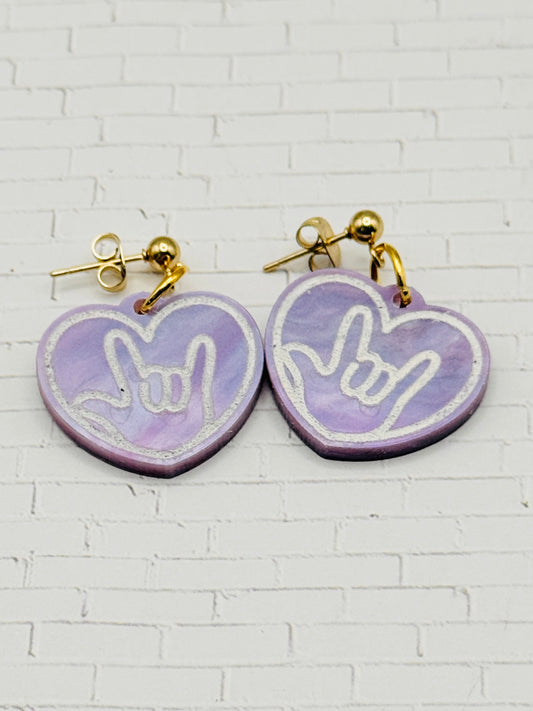 Purple ILY Heart Dangle Earrings
