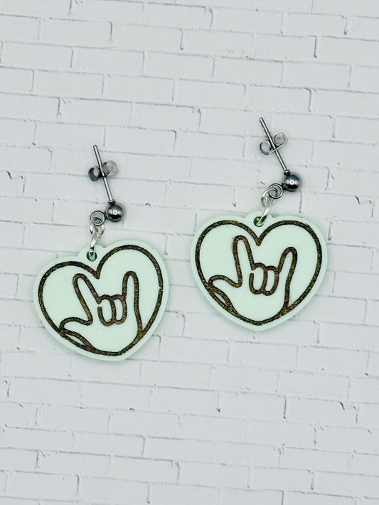 Pastel Green ILY Heart Dangle Earrings