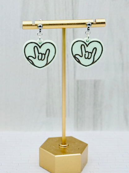 Pastel Green ILY Heart Dangle Earrings