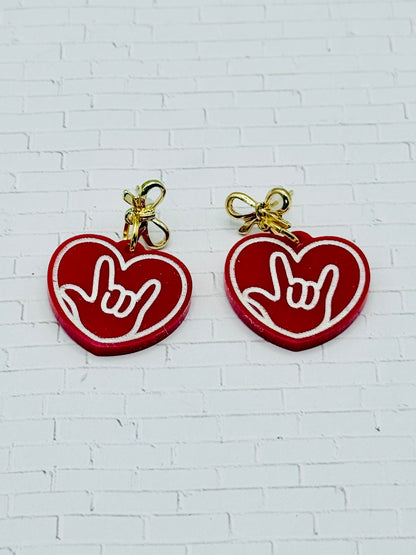Red ILY Heart Acrylic Dangle Earrings