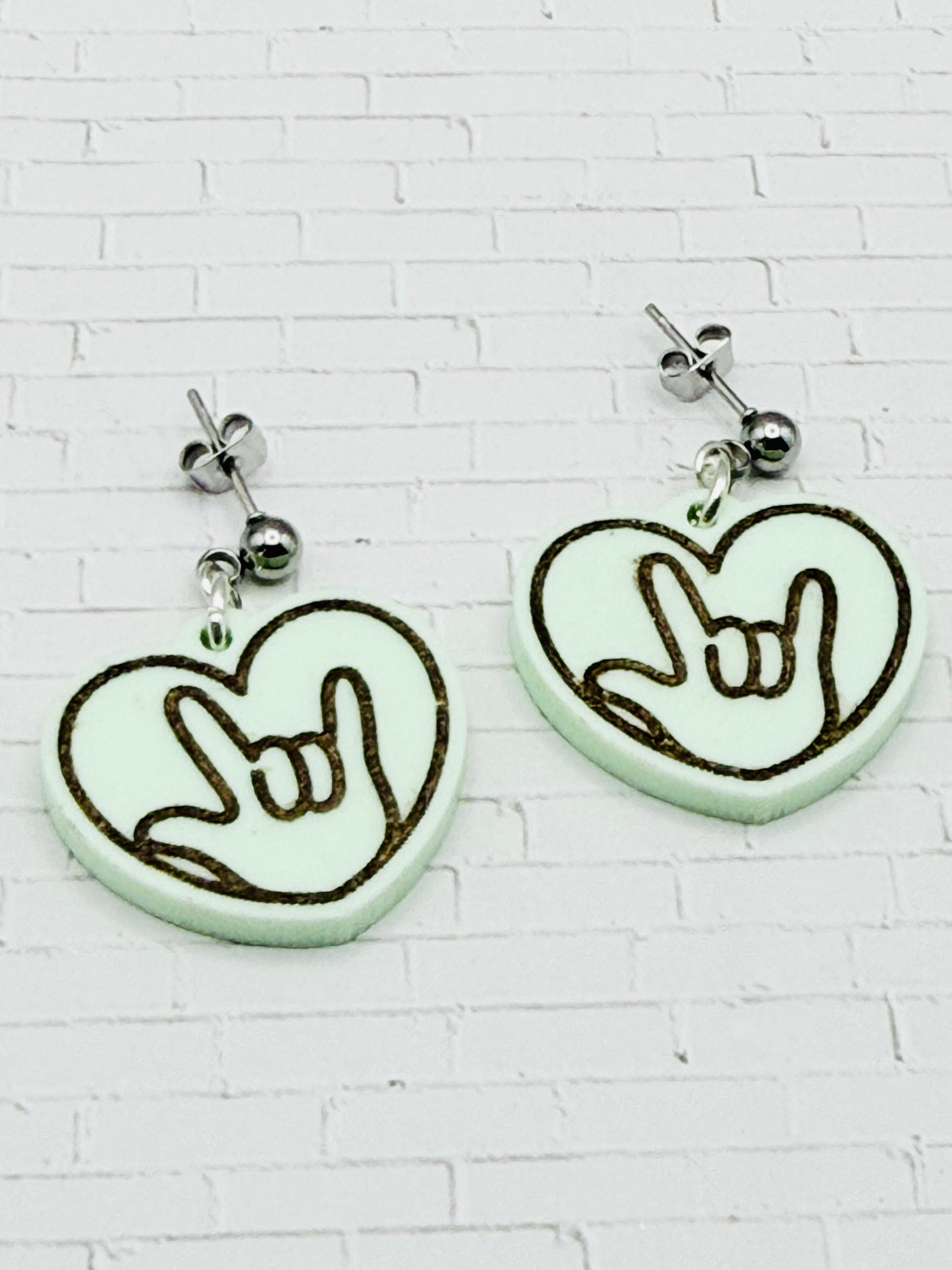 Pastel Green ILY Heart Dangle Earrings