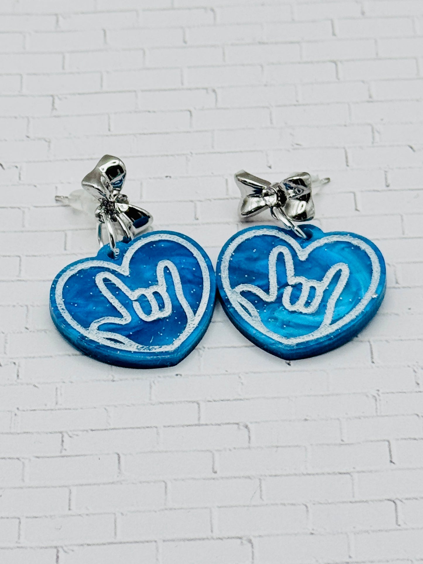 Blue Marble ILY Heart Earrings