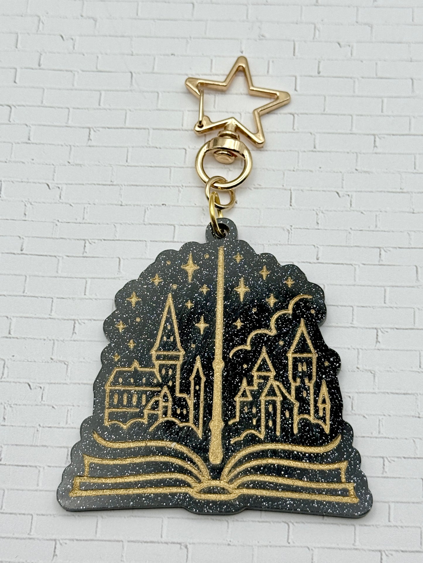 Black Glitter Wizard Castle Keychain
