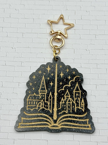 Black Glitter Wizard Castle Keychain