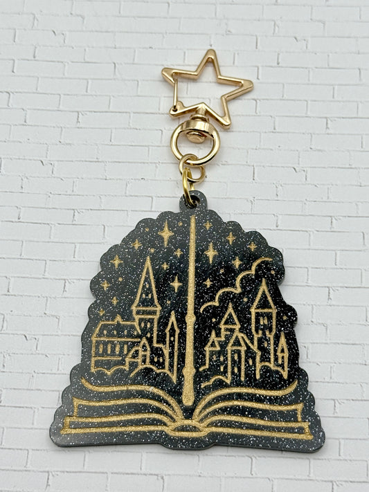 Black Glitter Wizard Castle Keychain